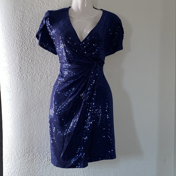 Blue Sequin Ruched V-Neck Mini Dress size 8p - Picture 4 of 7